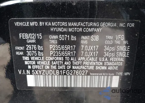 2015 Hyundai Santa Fe Sport 2.4L from USA, damaged, VIN 5XYZUDLB1FG276027